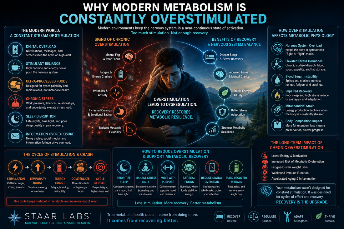 Futuristic metabolic physiology illustration showing chronic nervous system overstimulation, digital overload, stimulant reliance, sleep disruption, stress physiology, and impaired metabolic recovery in modern environments.