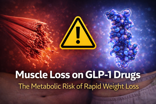 Illustration showing loss of lean muscle mass during rapid weight loss on GLP-1 medications and its impact on metabolism and energy
