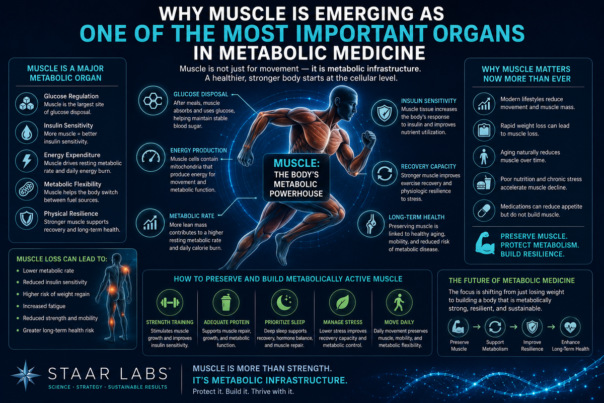 Futuristic metabolic physiology illustration showing skeletal muscle as a major metabolic organ involved in glucose regulation, insulin sensitivity, energy expenditure, recovery physiology, and long-term metabolic health.