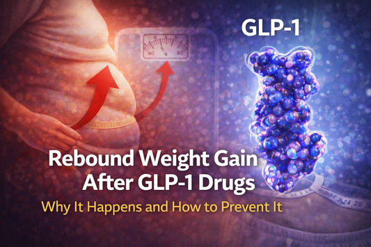 Illustration showing rebound weight gain after GLP-1 therapy and the metabolic and hormonal factors that influence long-term weight regain