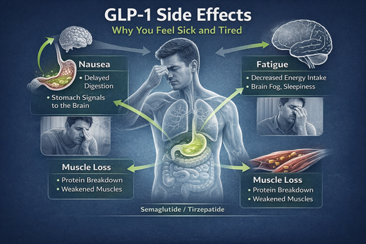 Medical diagram explaining why GLP-1 medications like semaglutide and tirzepatide can cause nausea, fatigue, and muscle loss due to slowed digestion and reduced energy intake