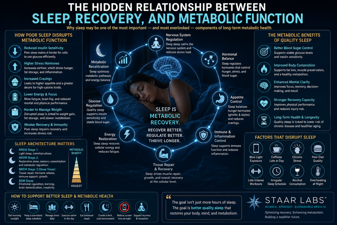 Futuristic sleep and metabolic recovery illustration showing nervous system regulation, deep sleep physiology, energy restoration, hormonal balance, metabolic resilience, and sustainable recovery health.