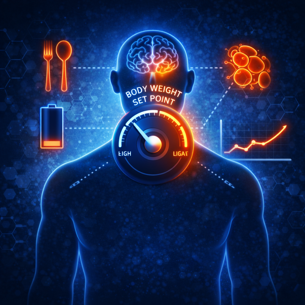 Illustration of the body’s weight set point defense after GLP-1 weight loss, showing metabolic adaptation, increased hunger signaling, and energy conservation mechanisms.
