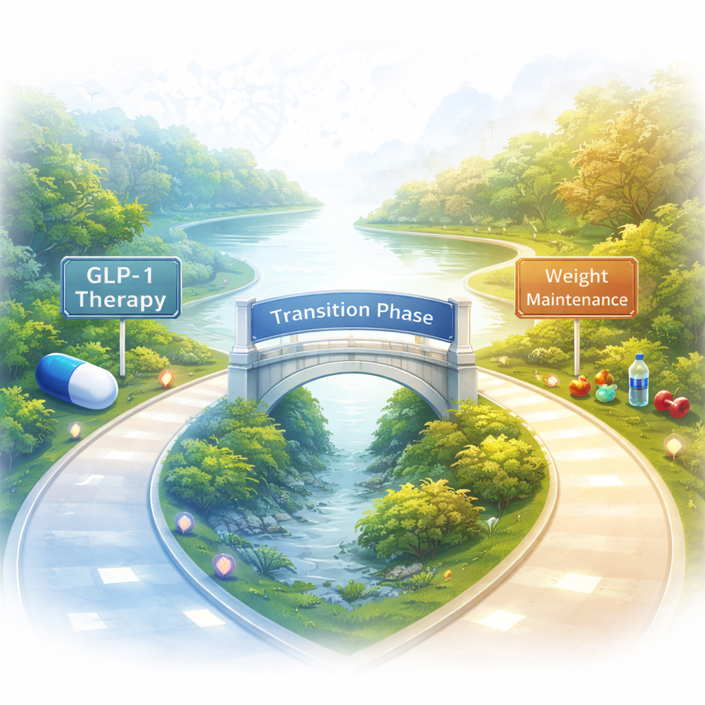 Educational infographic showing the GLP-1 transition phase between active weight loss and long-term weight maintenance, illustrating metabolic stabilization and hunger normalization.