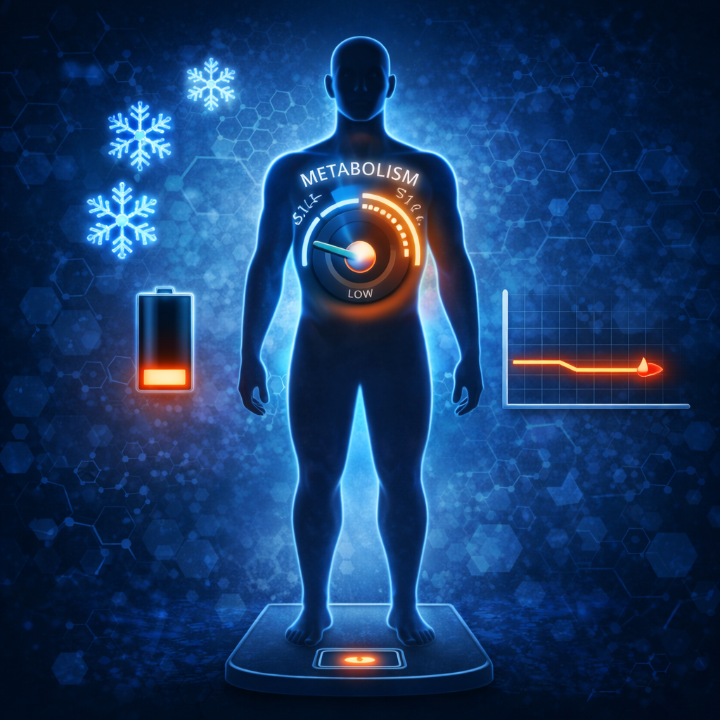 Illustration showing metabolic adaptation during GLP-1 weight loss, including slowed metabolism, fatigue, and weight loss plateau.