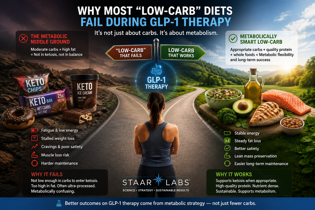 Illustration showing why many low-carb diets fail during GLP-1 therapy due to poor food quality, metabolic instability, and lack of metabolic flexibility