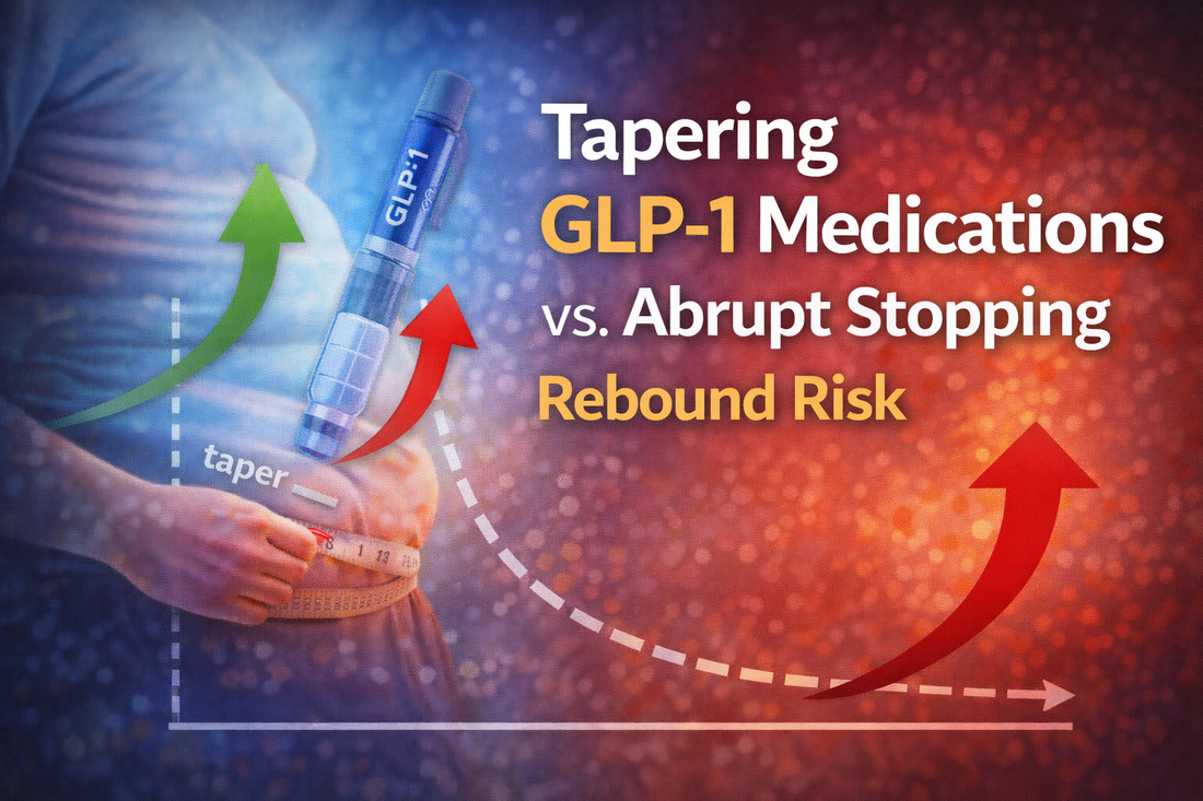 Illustration showing gradual tapering of GLP-1 medications compared to abrupt stopping and its impact on appetite regulation and rebound weight gain risk