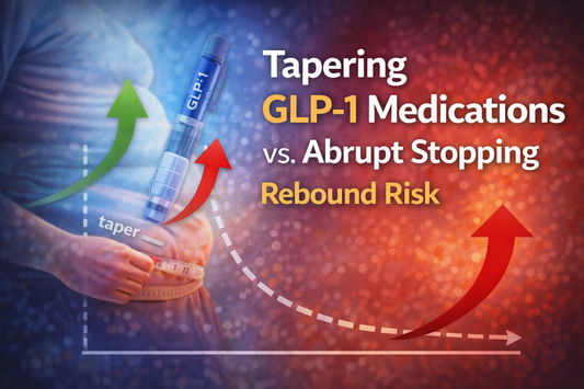 Illustration showing gradual tapering of GLP-1 medications compared to abrupt stopping and its impact on appetite regulation and rebound weight gain risk