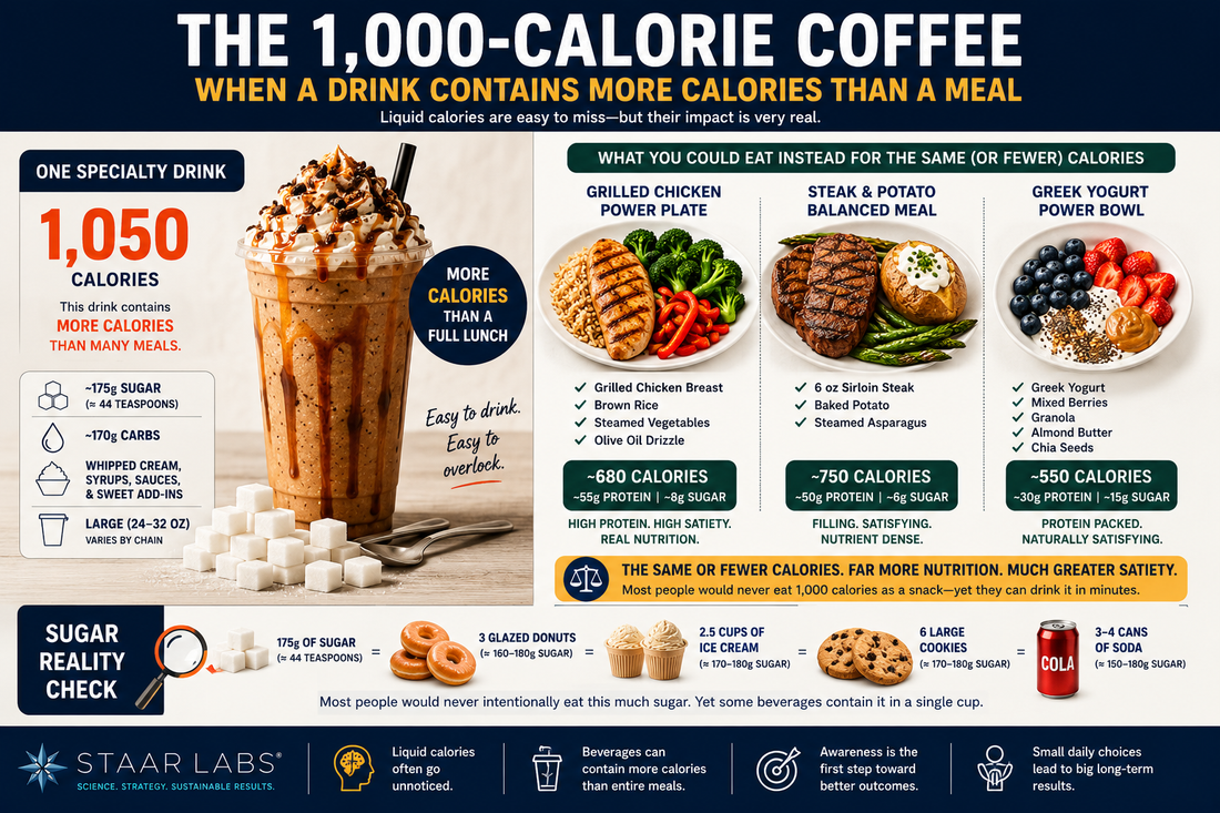 Educational metabolic health infographic comparing a high-calorie specialty coffee drink to a complete meal