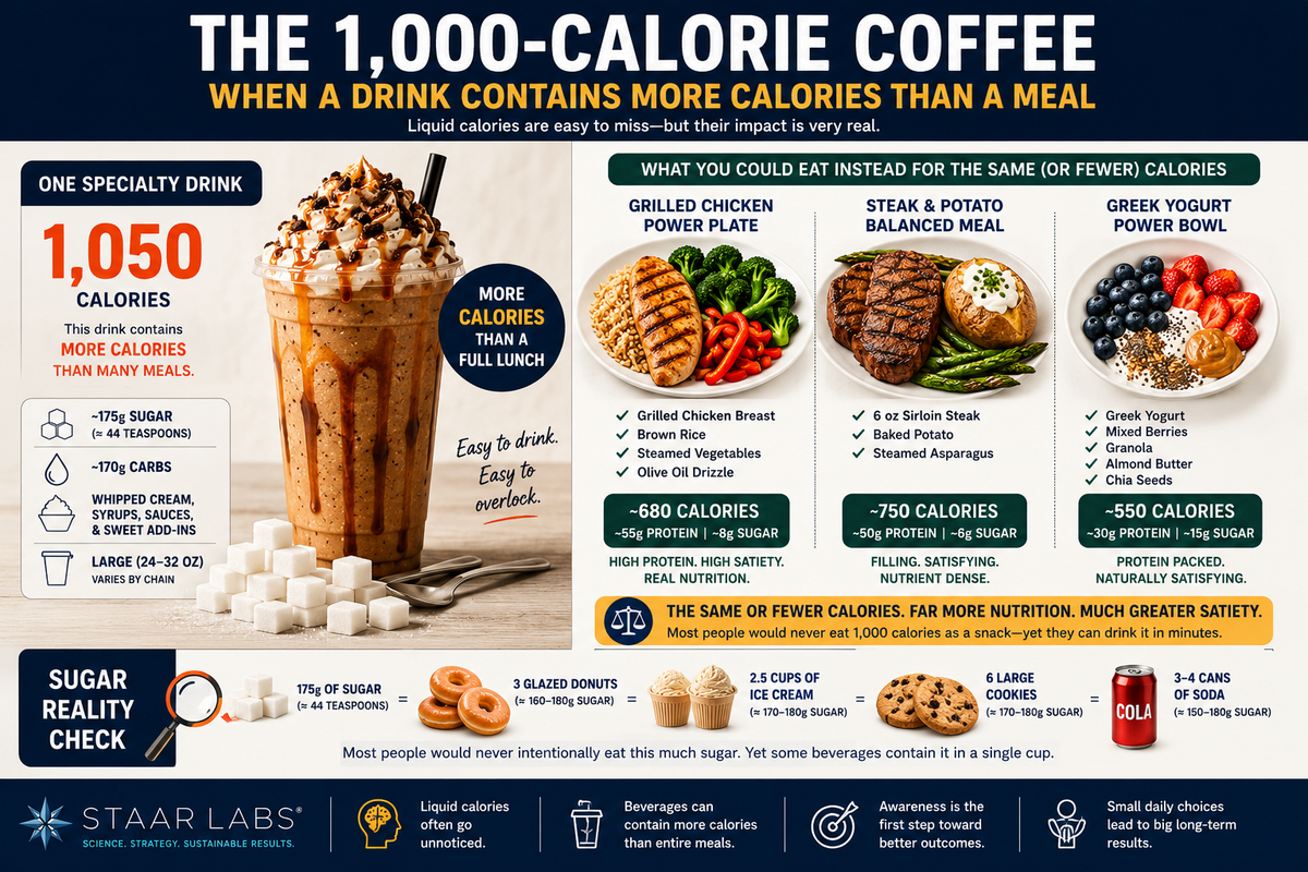 Educational metabolic health infographic comparing a high-calorie specialty coffee drink to a complete meal