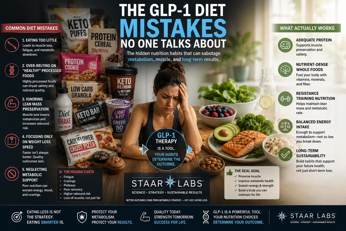 GLP-1 patient surrounded by misleading healthy packaged foods and hidden diet mistakes affecting metabolism