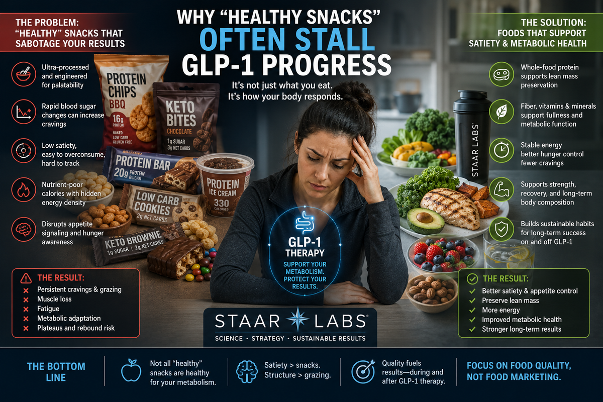 GLP-1 patient surrounded by ultra-processed healthy snacks affecting appetite regulation and metabolism