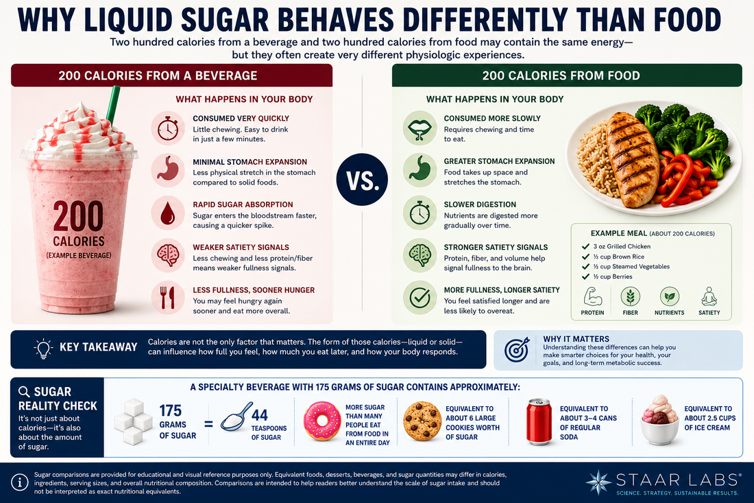 Educational metabolic health infographic comparing liquid sugar and whole foods, illustrating differences in satiety, chewing, digestion, appetite regulation, calorie awareness, and the physiologic response to beverages versus meals.