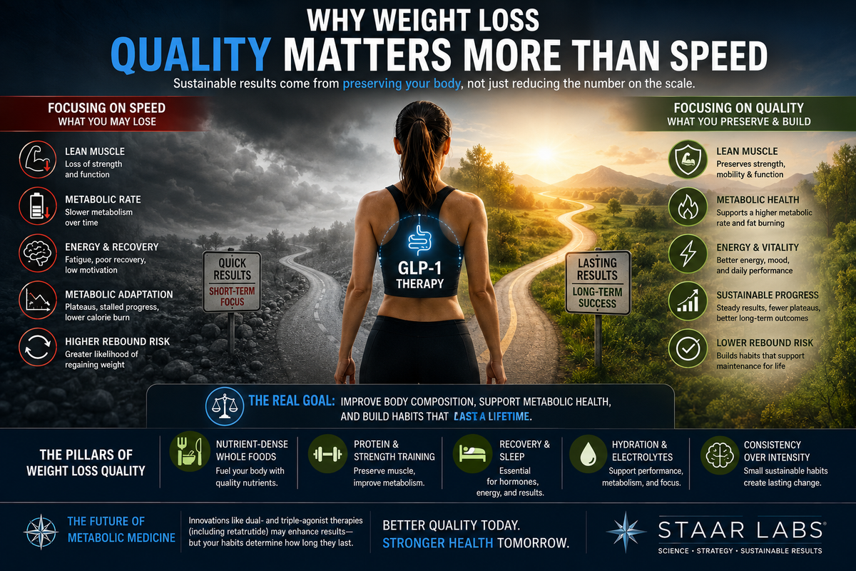 Infographic comparing rapid weight loss versus sustainable weight loss quality during GLP-1 therapy, emphasizing muscle preservation, metabolic health, energy, body composition, and long-term maintenance over fast scale changes.